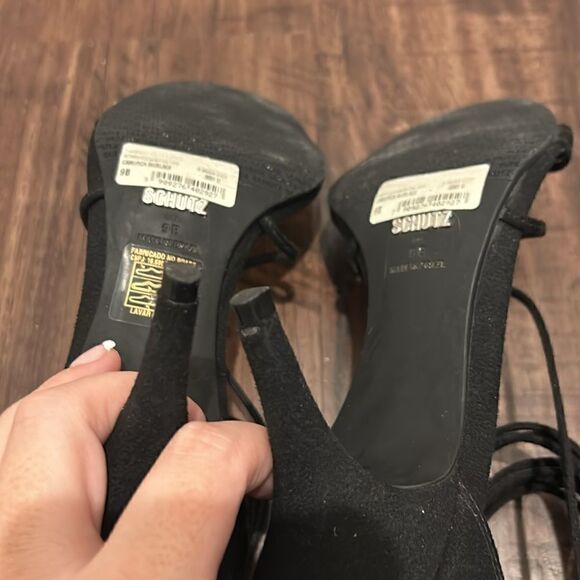 Schutz Camurca Black Open Toe Heels, Size 9 - Picture 6 of 10